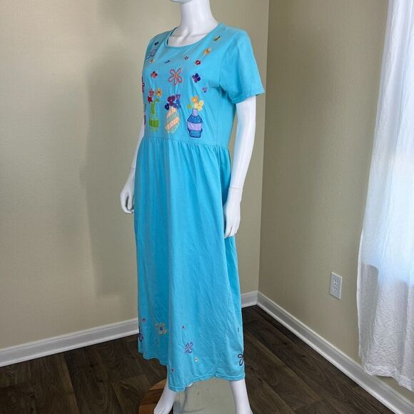 Michael Simon Lite Women's Size M Blue Cotton Floral Embroidered Maxi Dress VGT - Picture 6 of 13